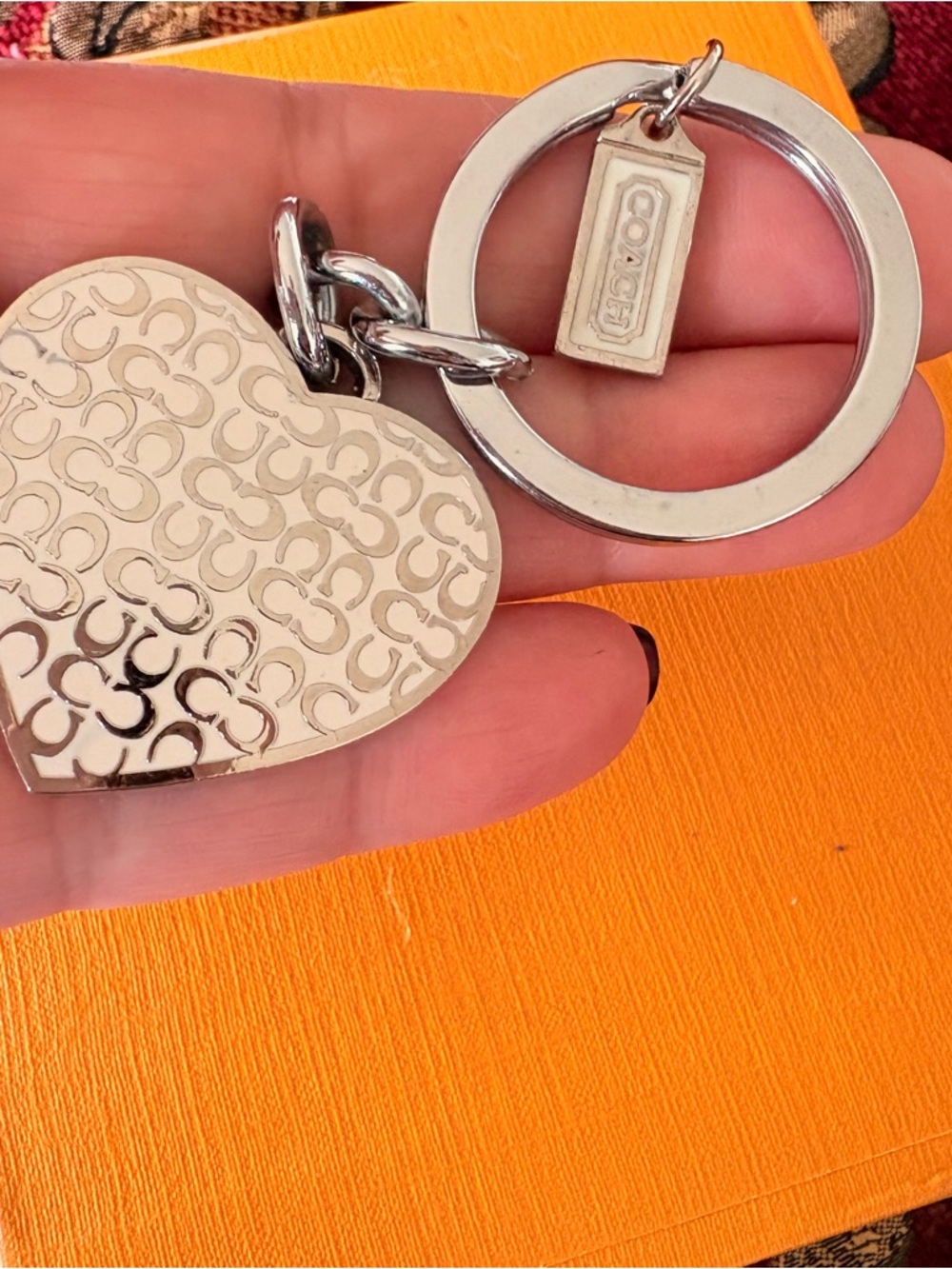 COACH Silver Heart Logo Key Ring Charm